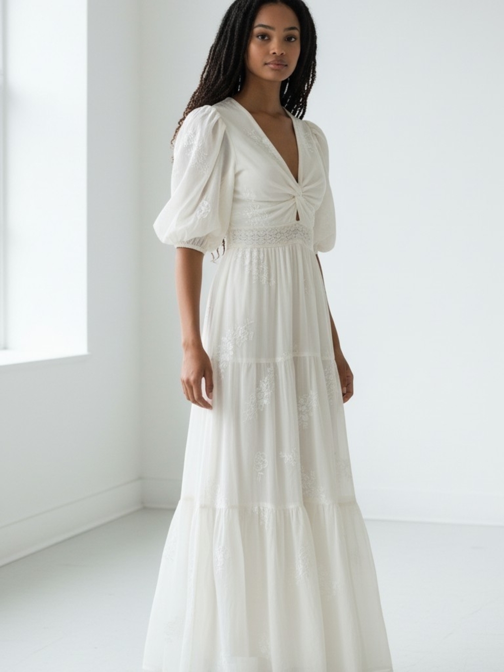 Altar'd State Ivory Maxi Dress with Puff Sleeves